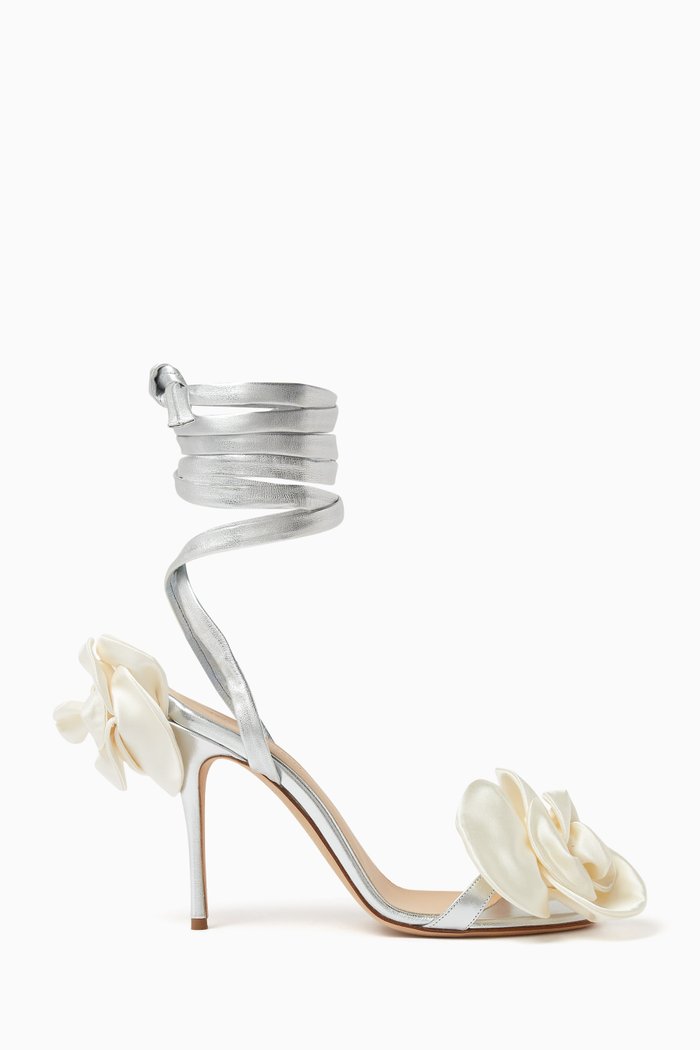 

Double Flower 105 Lace-up Sandals in Metallic Leather, Silver