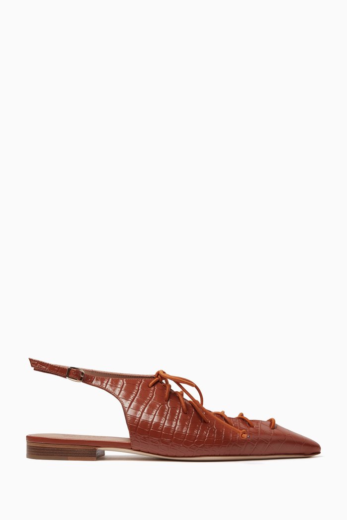 

Alia Point-toe Slippers in Croc-embossed Leather, Brown
