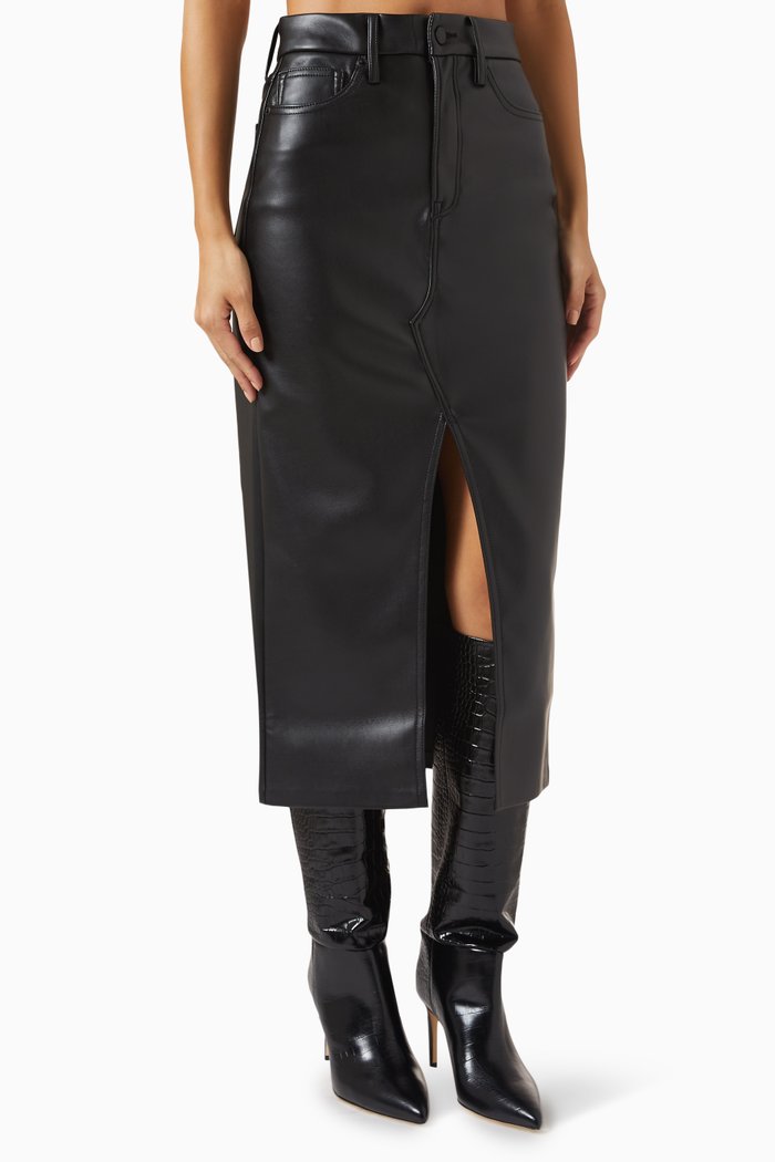 

Slit-front Midi Skirt in Faux-leather, Black