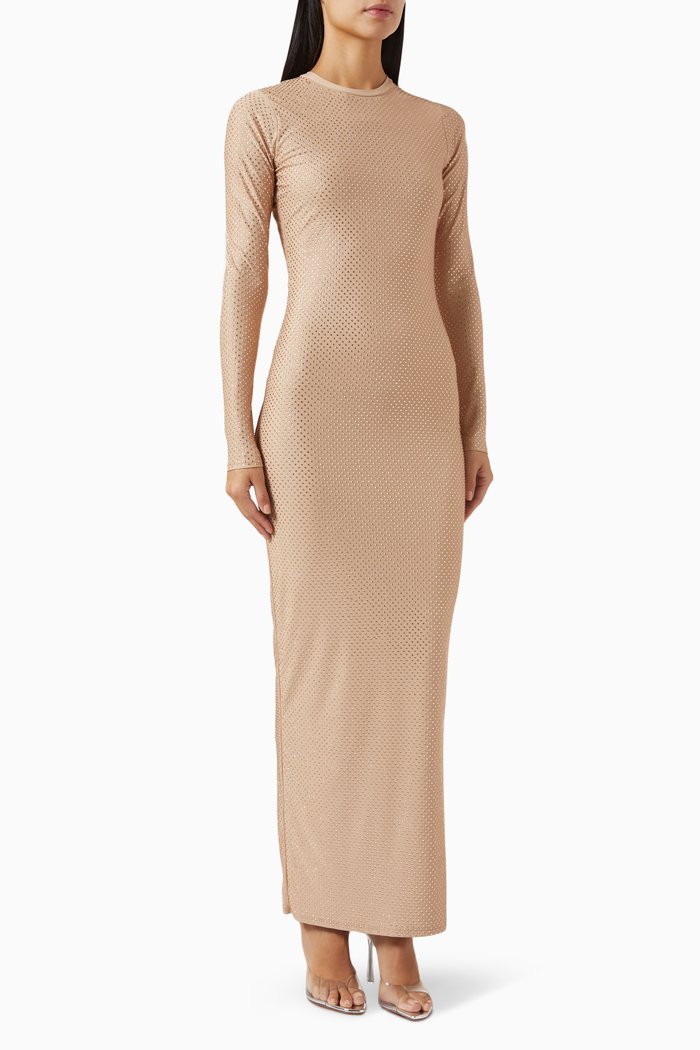 

Crystal-embellished Crewneck Maxi Dress in Stretch-nylon, Brown