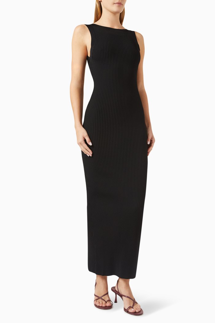 

Shine Scoop-back Midi Dress in Ribbed-knit, Black