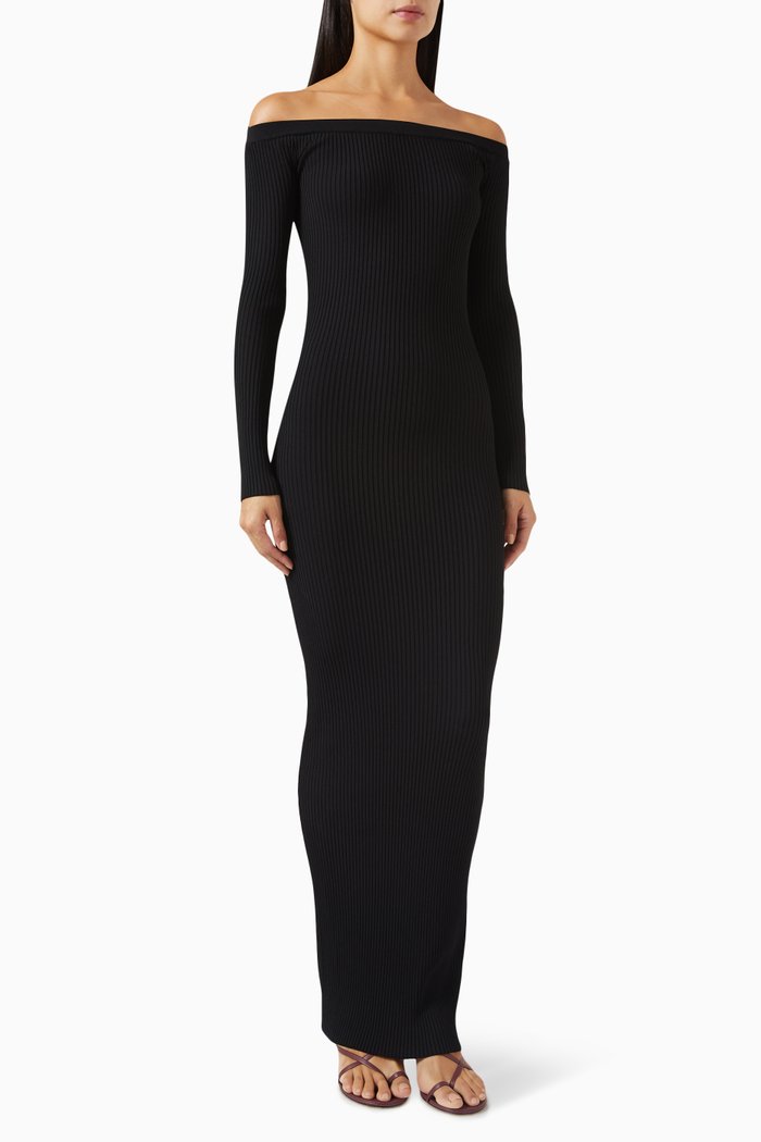Shine Off-shoulder Maxi Dress in Ribbed-knit, Black