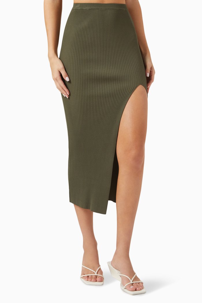 

Shine Slit Midi Skirt in Ribbed-knit, Green