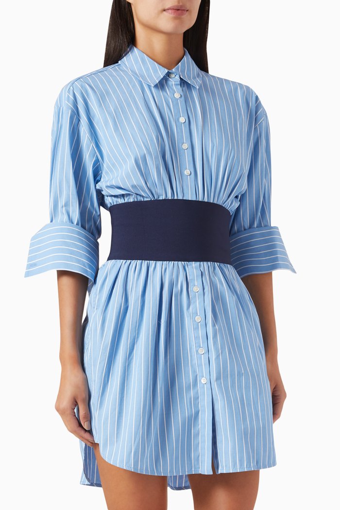 

Michelle Striped Belted Mini Dress in Cotton-poplin, Blue
