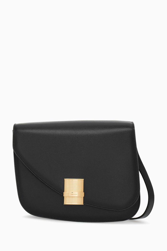 Medium Fiamma Crossbody Bag in Dappled Calfskin, Black