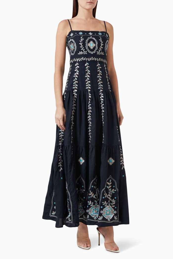 

Lima Relicario Embroidered Maxi Dress in Linen, Black