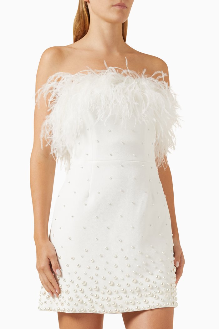 

Therese Feather & Pearl Mini Dress in Crepe, White