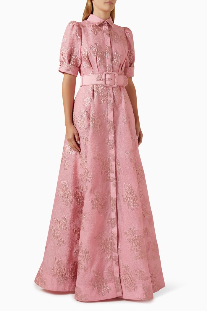 

Annette Buttoned Gown in Metallic Brocade, Pink