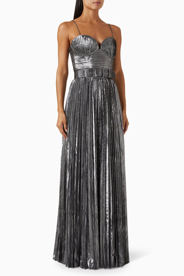 

Josie Belted Pleated Gown, Silver