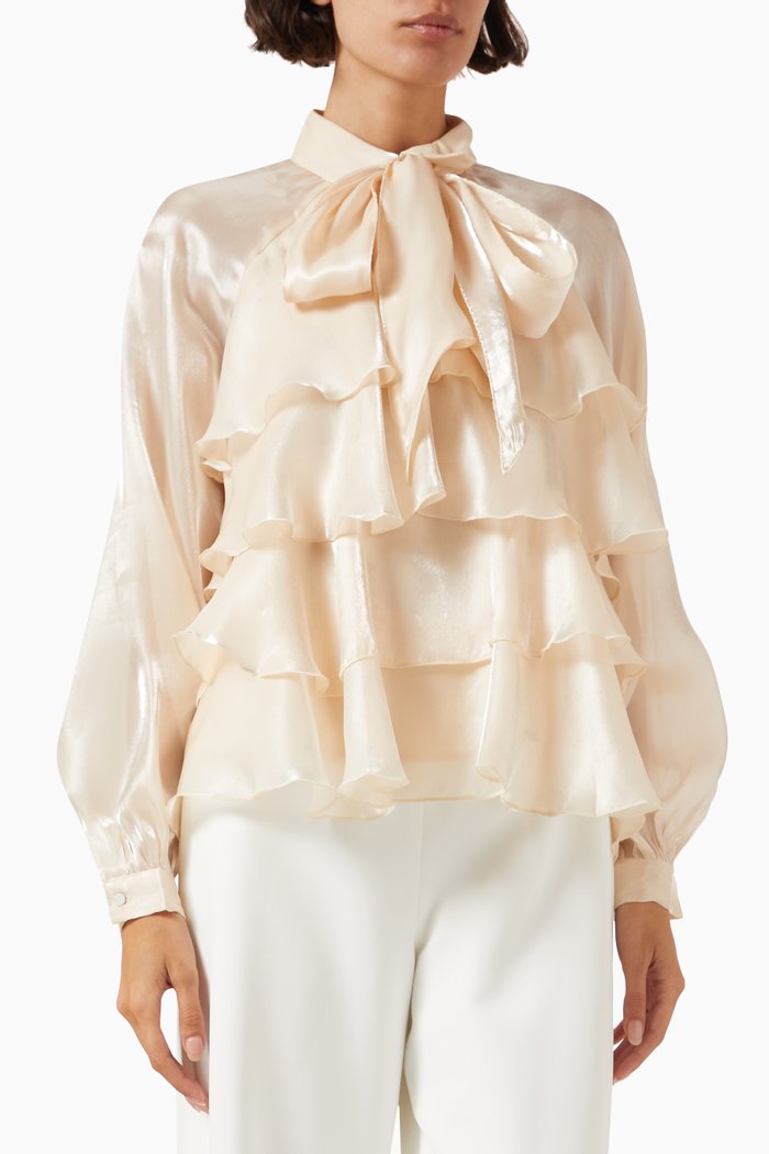 

Yaseloise Ruffled Top in Shiny Satin, Neutral