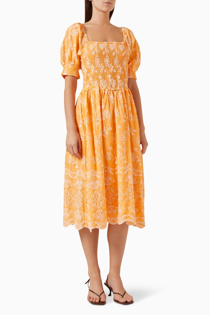 

Yasofelia Smocked Midi Dress in Cotton, Orange