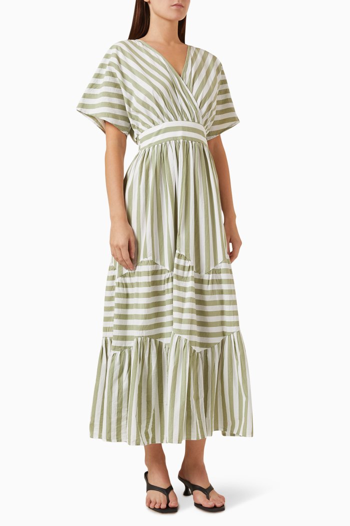 Yasroos Striped Midi Dress in Cotton, Green