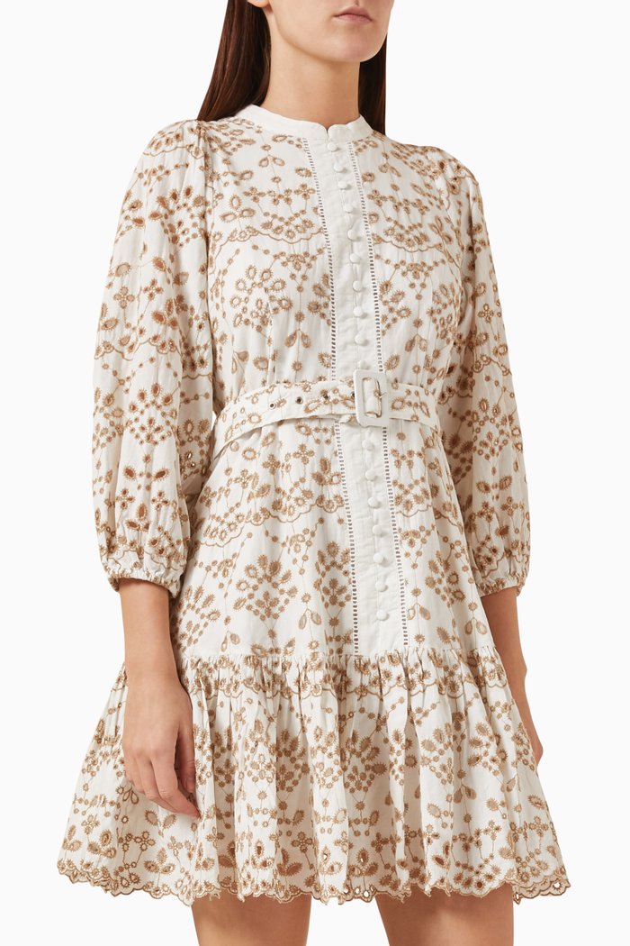 

Yasemfrino Belted Mini Dress in Cotton, Neutral