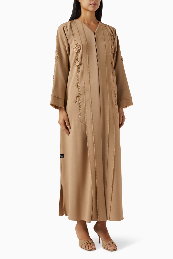 

Thread & Bead Embroidered Abaya in Mixed Linen, Neutral
