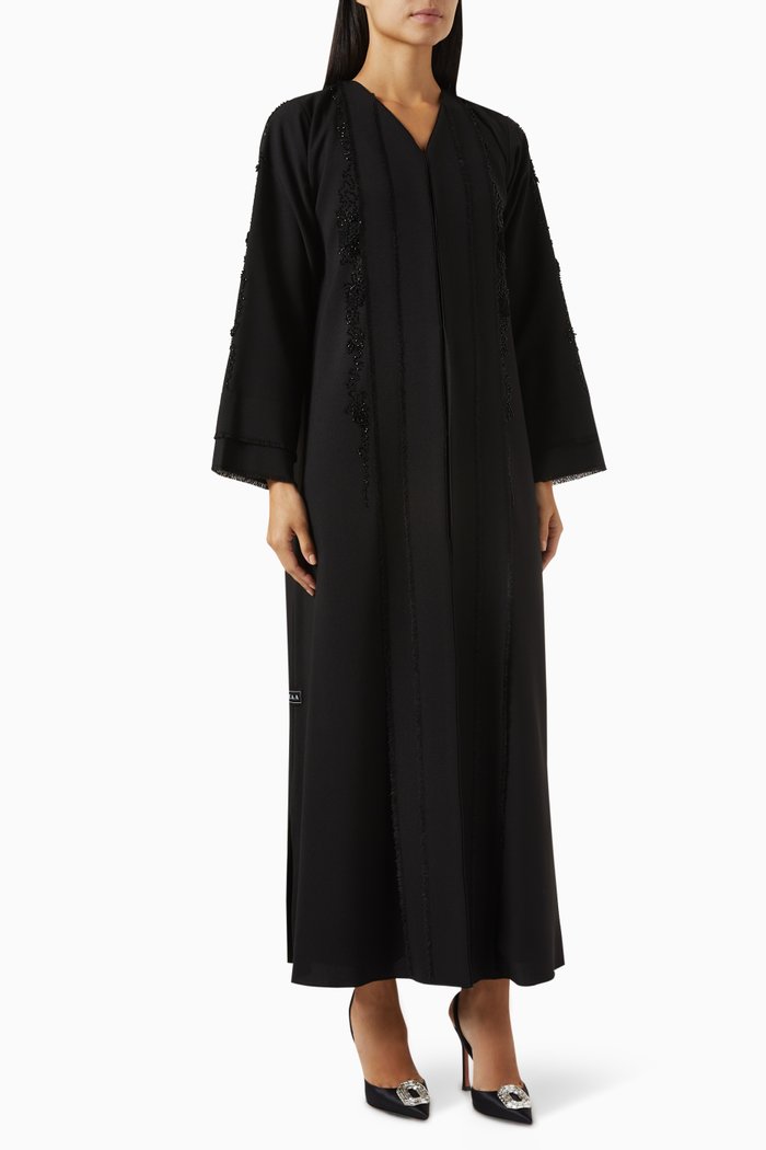 

Thread & Bead Embroidered Abaya in Mixed Linen, Black