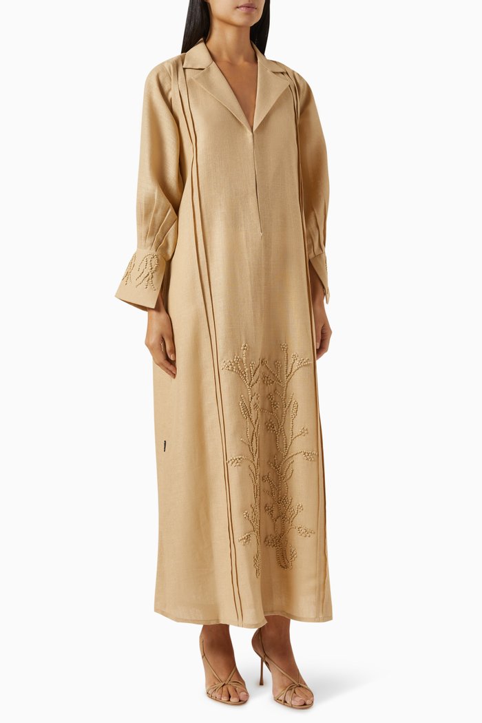 

Thread Embroidered Abaya in Linen, Brown