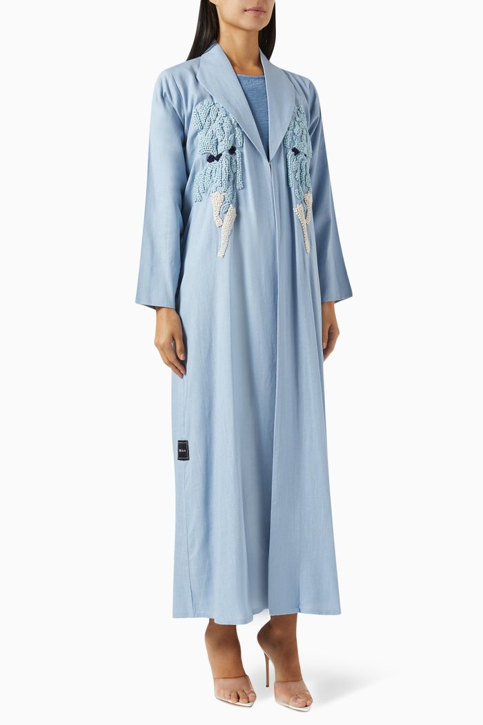 

Thread Embroidered Abaya in Mixed Linen, Blue