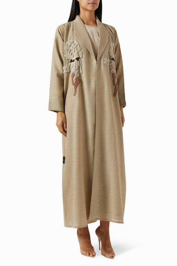 

Thread Embroidered Abaya in Mixed Linen, Grey