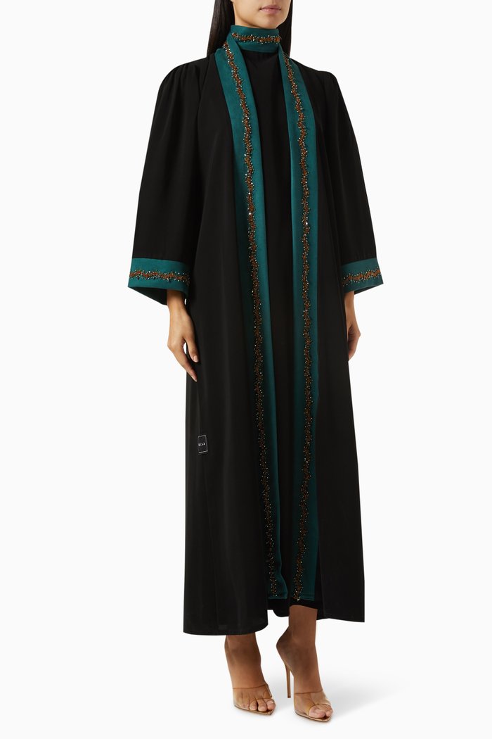 

Bead Embellished Abaya Set in Crepe & Velvet, Black