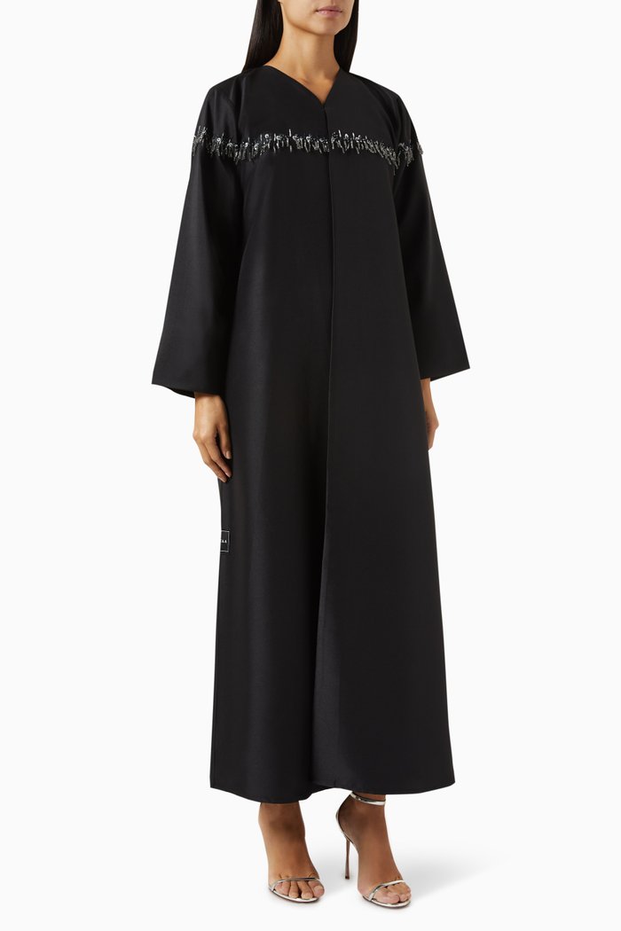 

Bead Embellished Abaya in Crepe Satin, Black