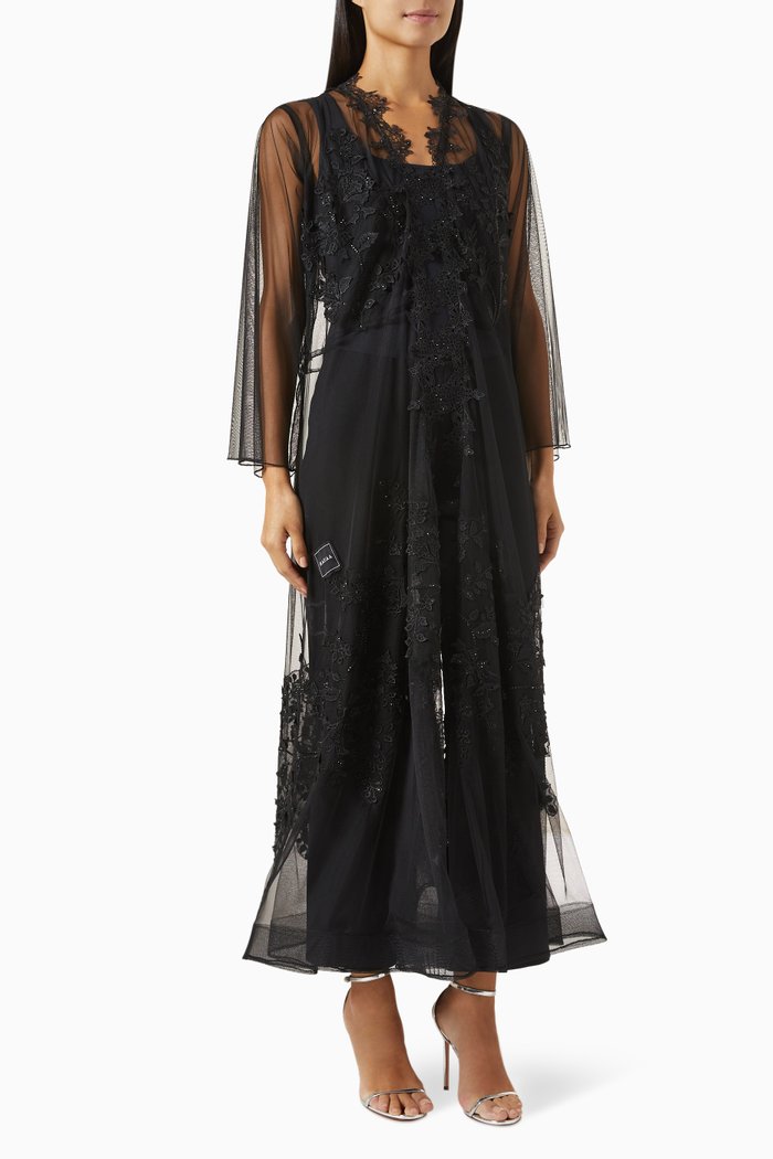 

Sheer Abaya in Tulle & Lace, Black