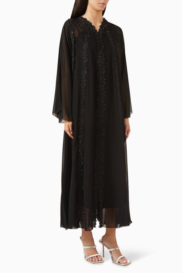 

Lace Embroidered Abaya in Double Chiffon, Black