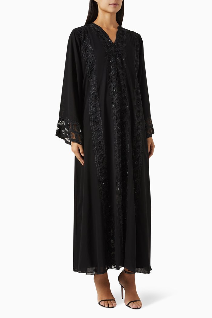 

Lace Embroidered Abaya in Double Chiffon, Black