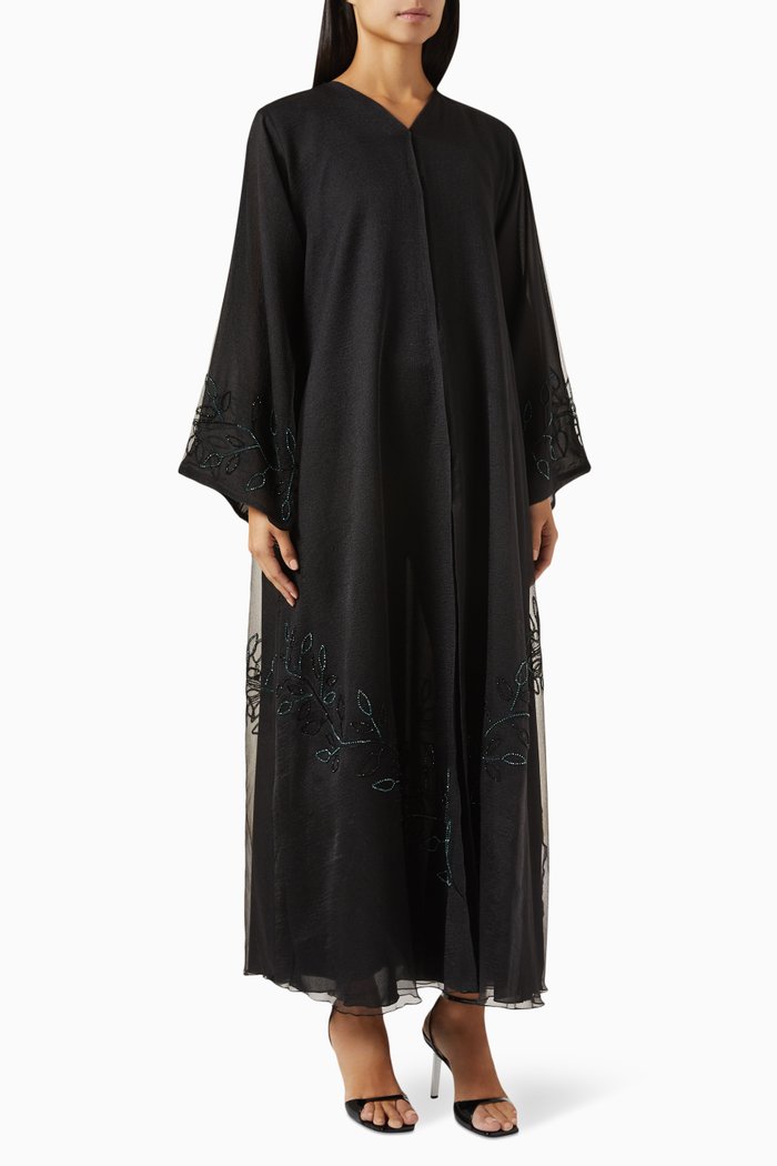 

Bead Embroidered Abaya in Organza, Black