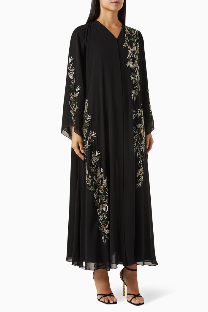 

Bead Embellished Abaya in Double Chiffon, Black