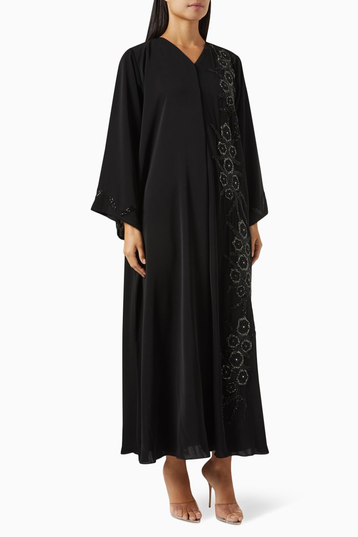 

Flowers & Bead Embellished Abaya in Nada, Black