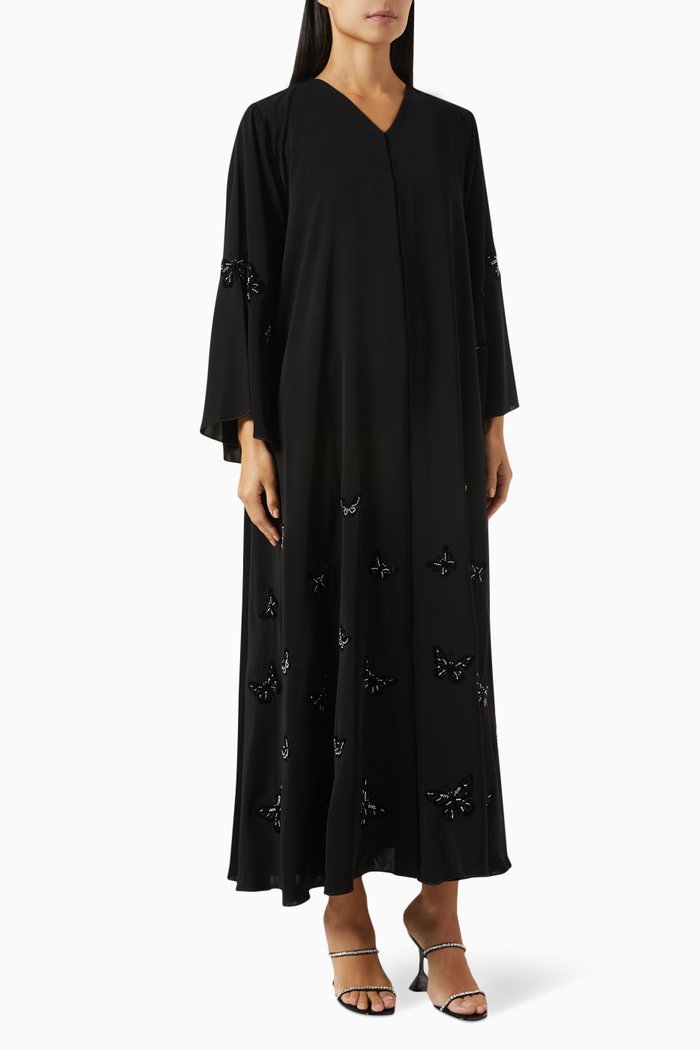 

Butterfly Bead Embroidered Abaya in Nada, Black