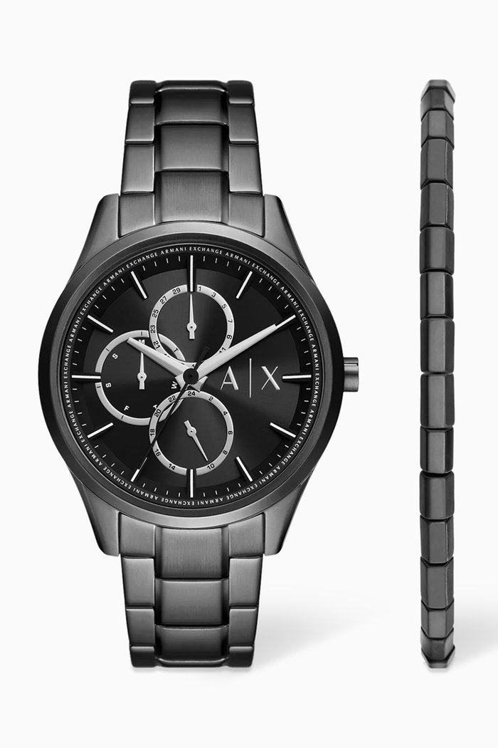 

Dante Quartz Stainless Steel Watch & Agate Bracelet Set, Black