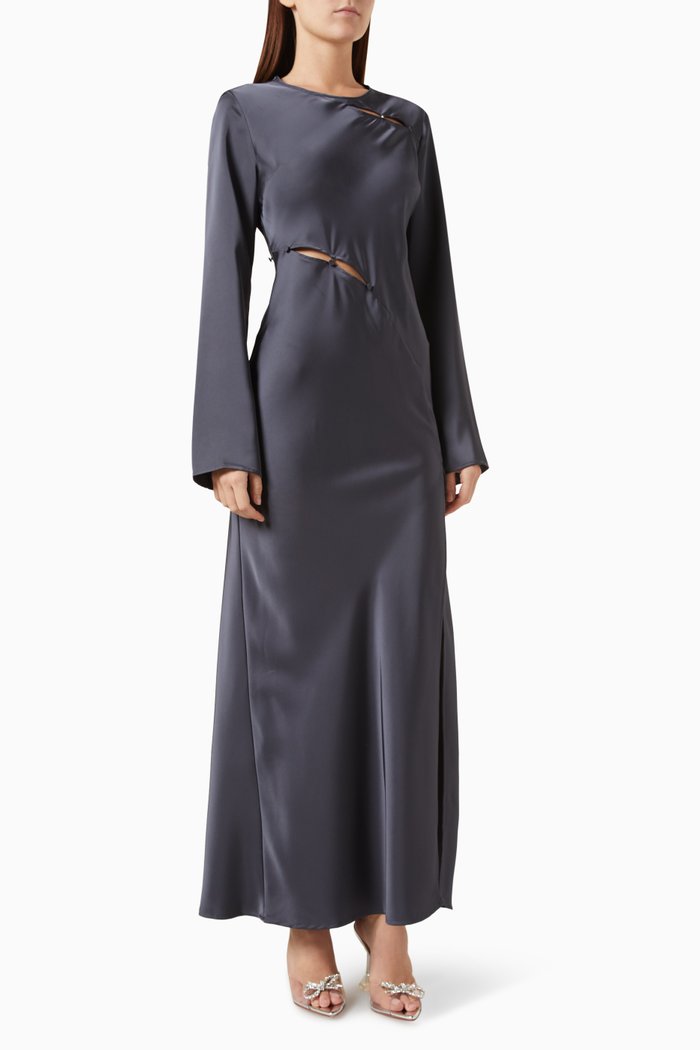 

Illusion Slit Maxi Dress in Satin, Grey