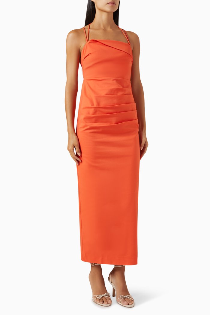 

Lani Draped Cross-back Midi Dress in Cotton, Orange