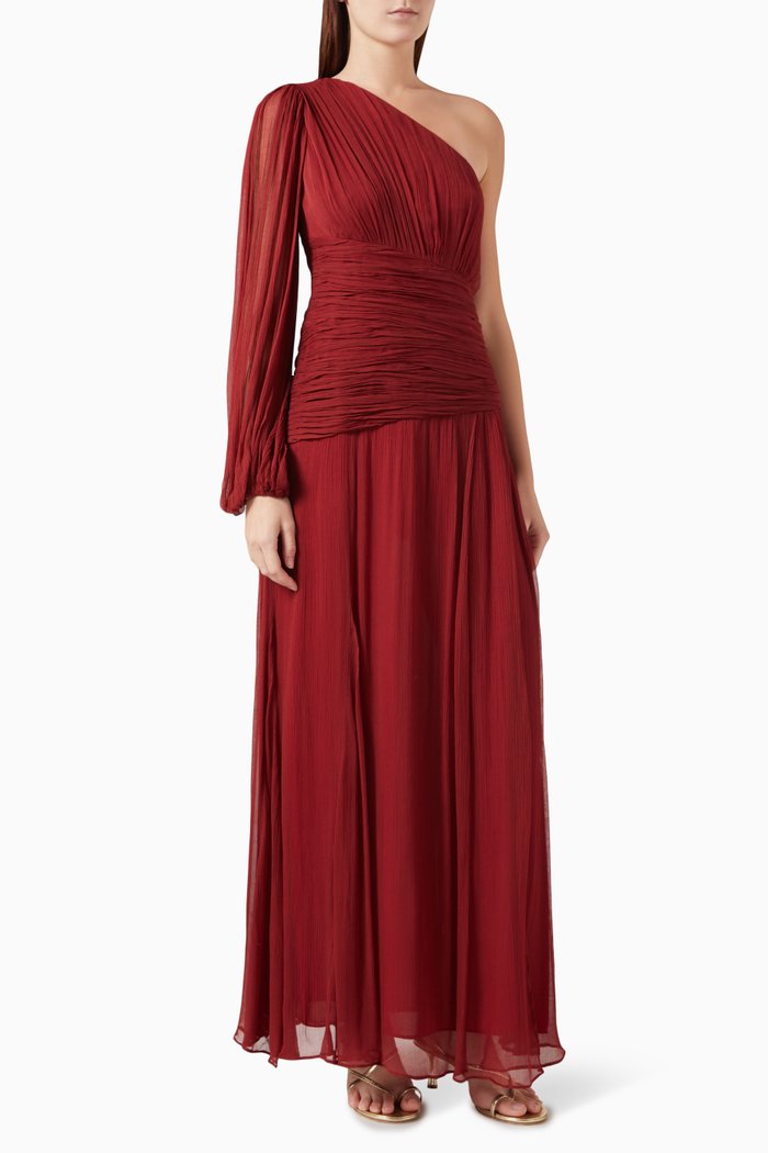 Claude One-shoulder Pleated Maxi Dress in Chiffon, Burgundy