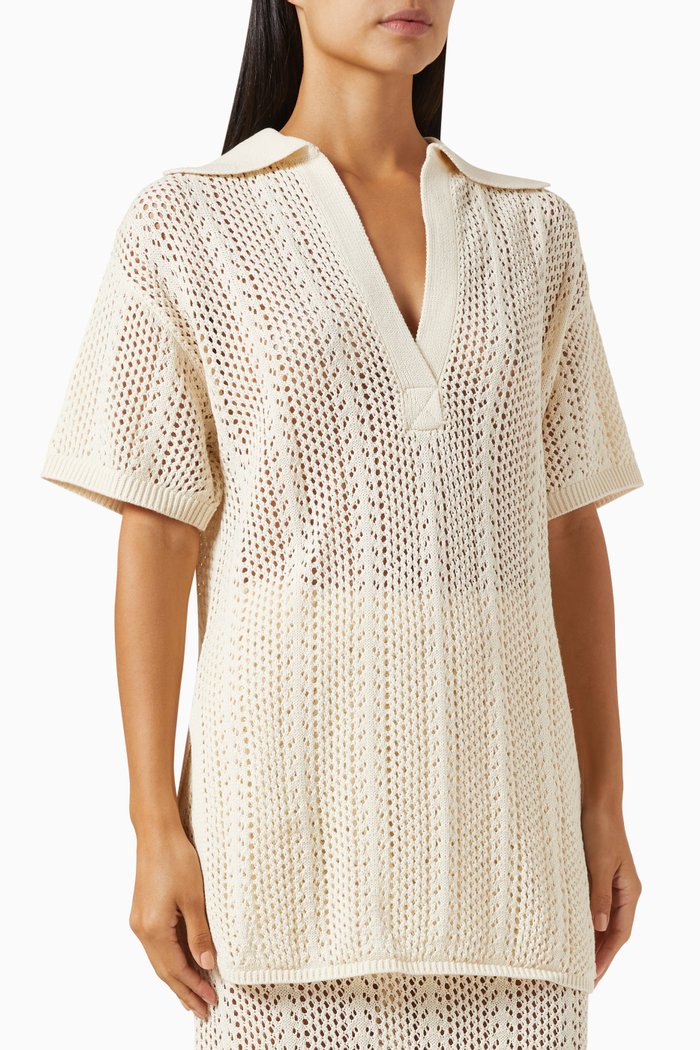 

Arlo Relaxed Polo Top in Crochet, Neutral