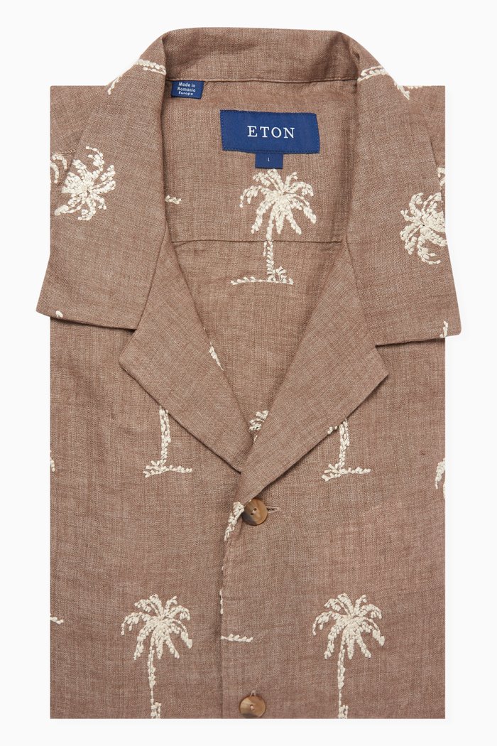 Palm Tree Embroidery Resort Shirt in Linen, Neutral