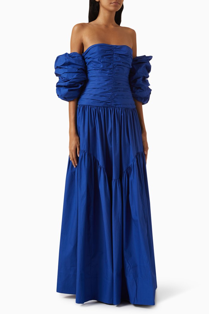 

Maiori Ruched Maxi Dress in Organic Cotton Poplin, Blue
