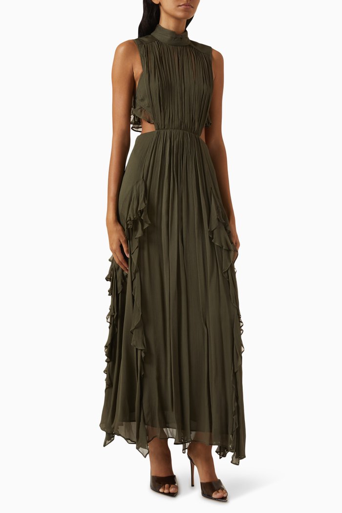 

Oden Backless Frill Maxi Dress in Chiffon, Green