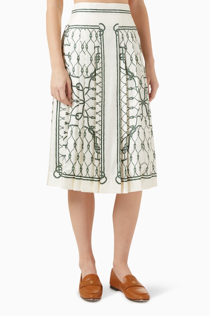 

Printed Pleated Midi Skirt in Silk, Green