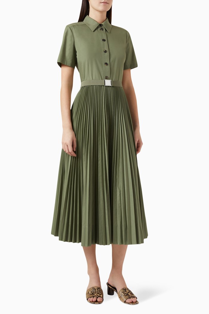 

Pleated Midi Dress in Poplin, Green