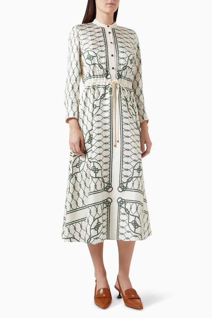 

Printed Shirt Dress in Silk, Green