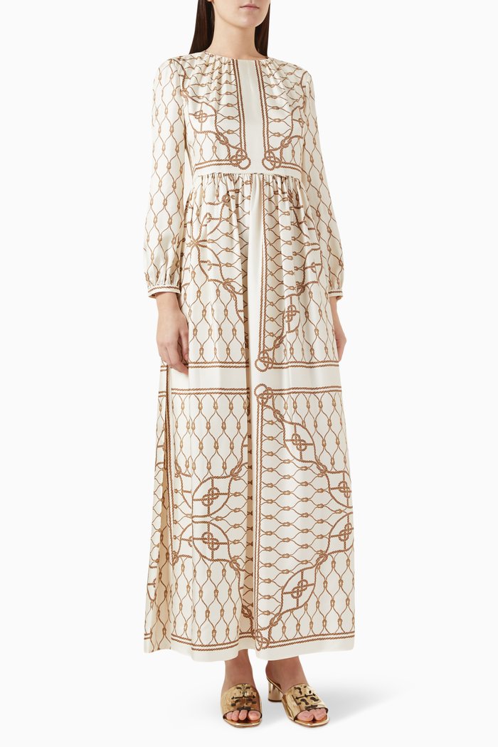

Printed Maxi Dress in Silk, Brown