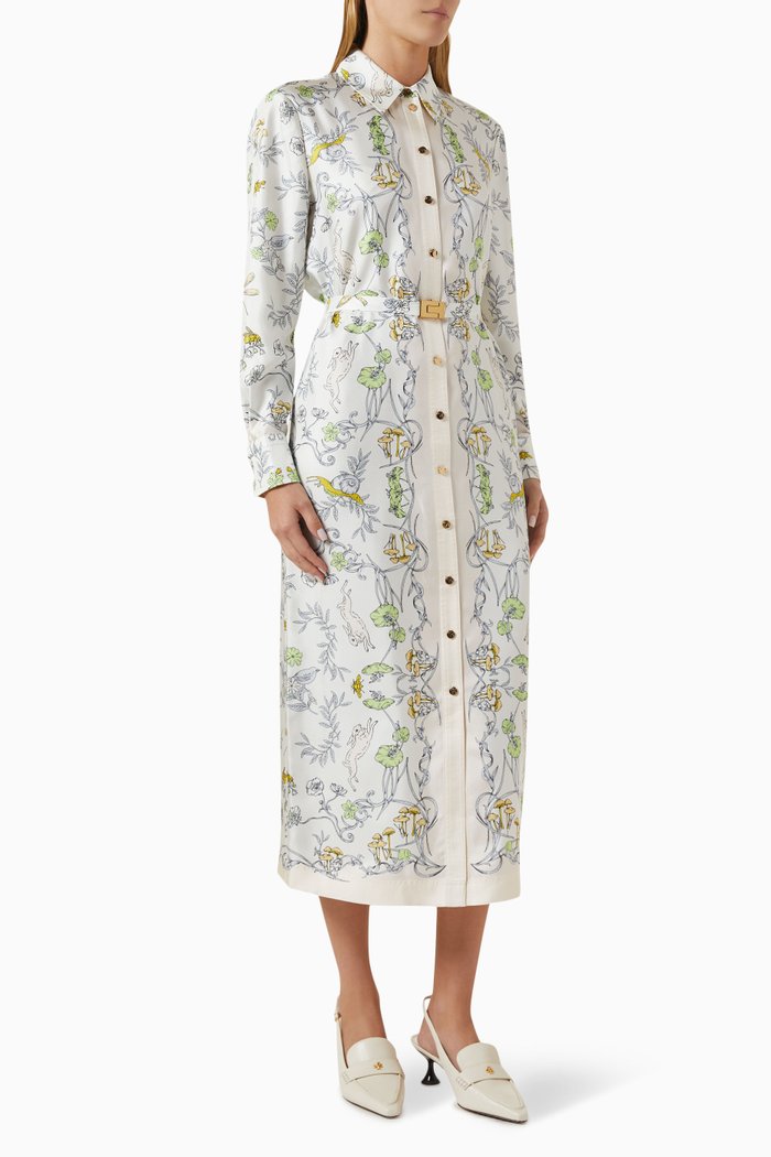 

Printed Shirt Dress in Silk-twill, Green