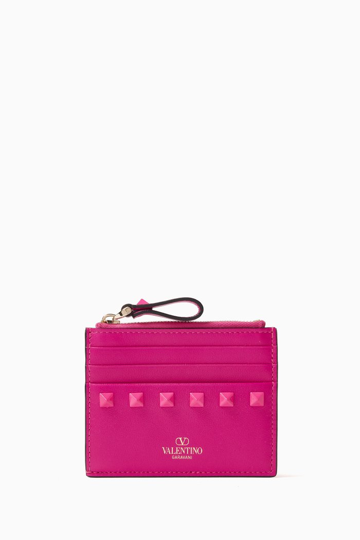 

Valentino Garavani Rockstud Card Holder in Calfskin, Pink