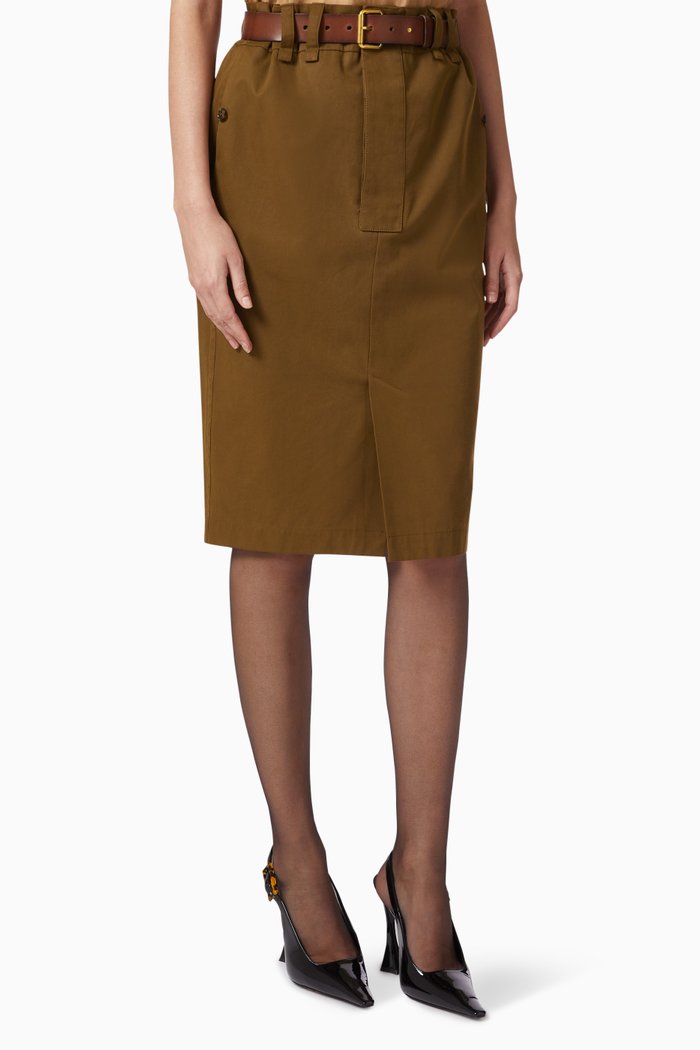 

Pencil Midi Skirt in Cotton Twill, Brown