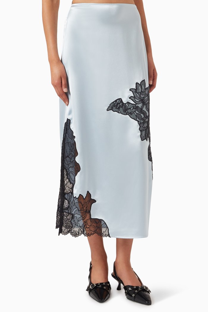 

Lace-trimmed Midi Skirt in Satin, Blue