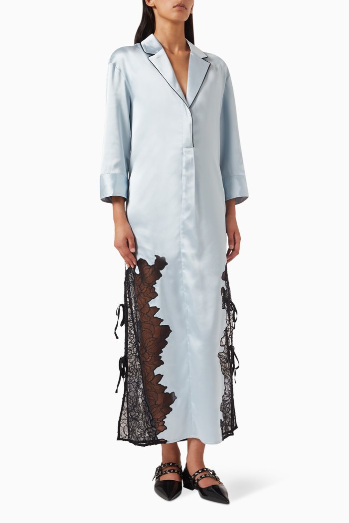 

Lace-trimmed Shirt Maxi Dress in Satin, Blue