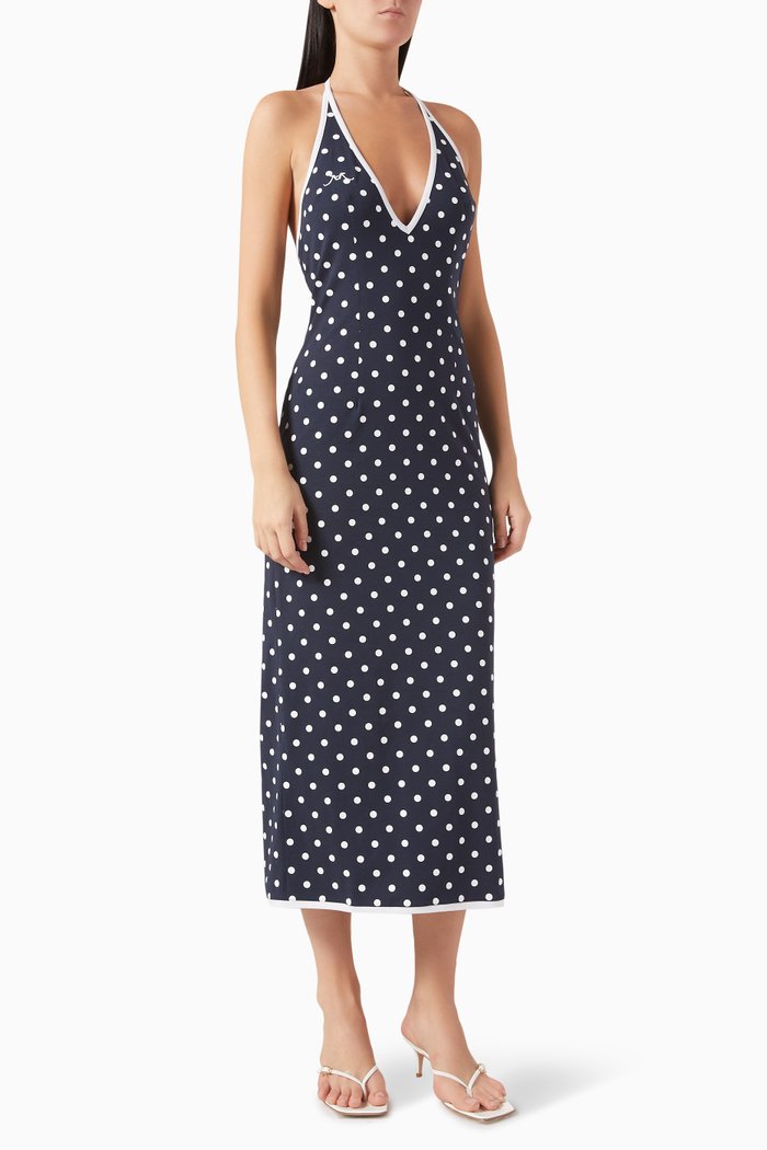 

V-neckline Polka-dot Midi Dress in Jersey, Blue