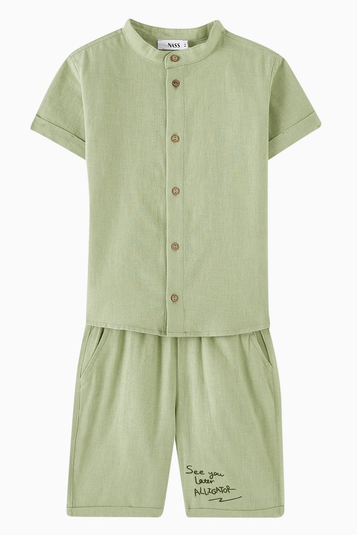 

Shirt & Shorts Set in Linen, Green